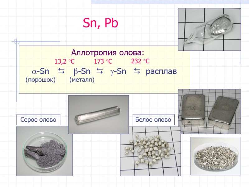 Sn, Pb Аллотропия олова: -Sn (порошок)  13,2 °С  -Sn (металл)  -Sn